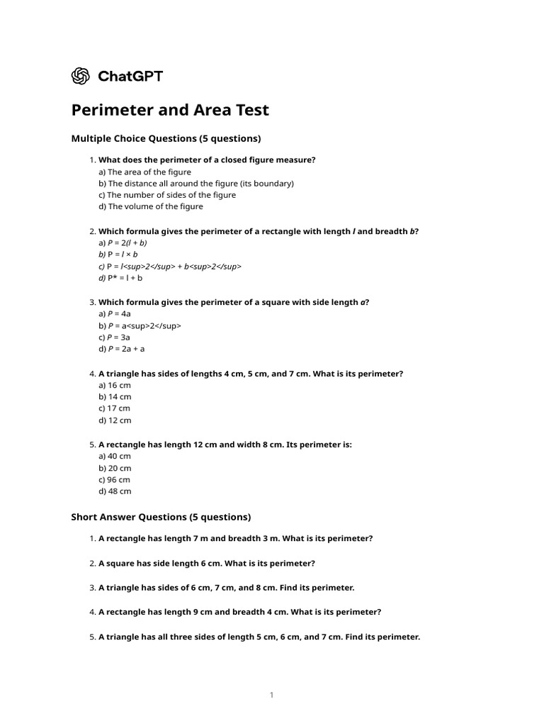 Perimeter and Area Test | PDF