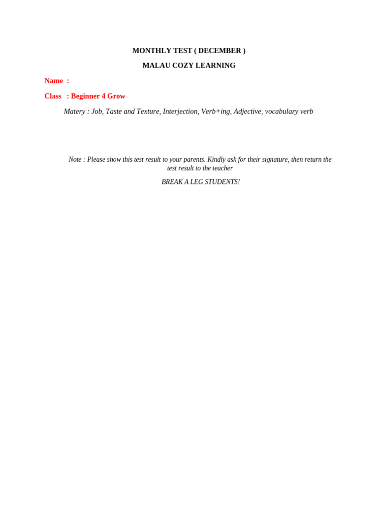 Monthly Test Beginner 4 Basic | PDF