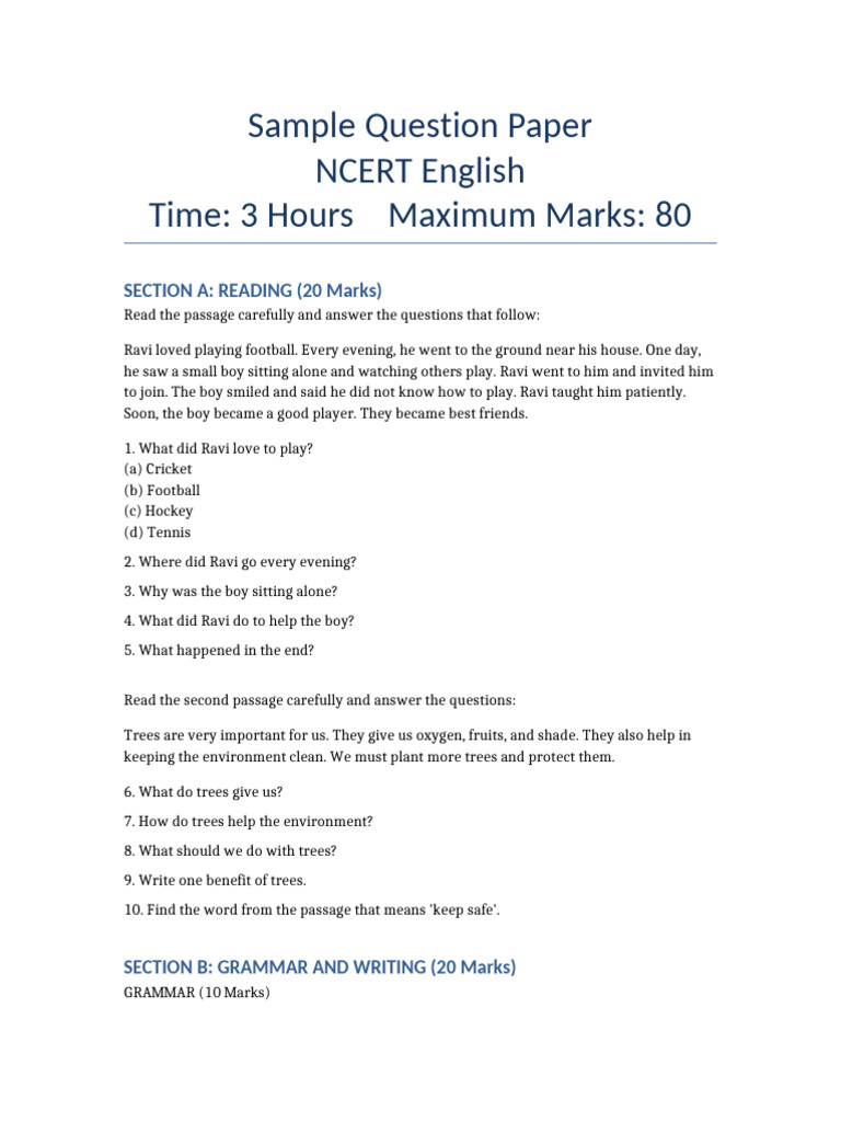 Sample NCERT English Question Paper | PDF