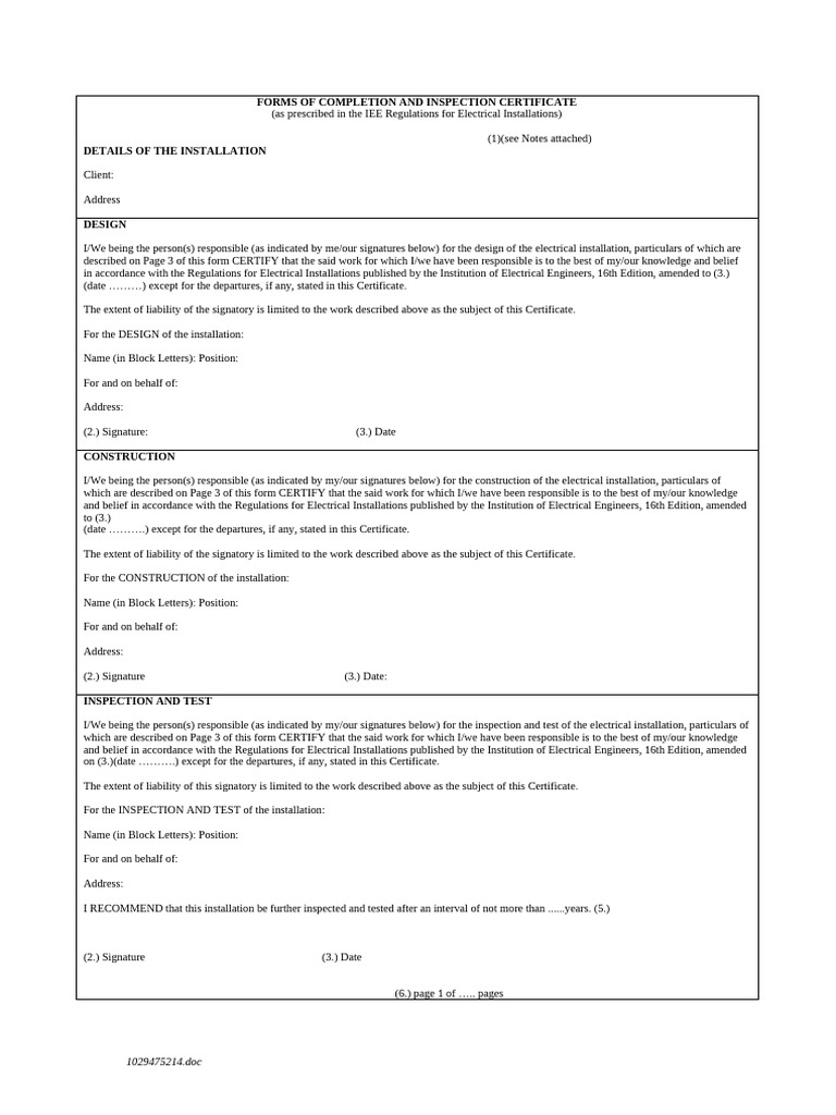 Forms of Completion and Inspection Certificate1 | PDF