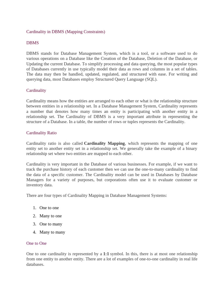 Cardinality in DBMS | PDF