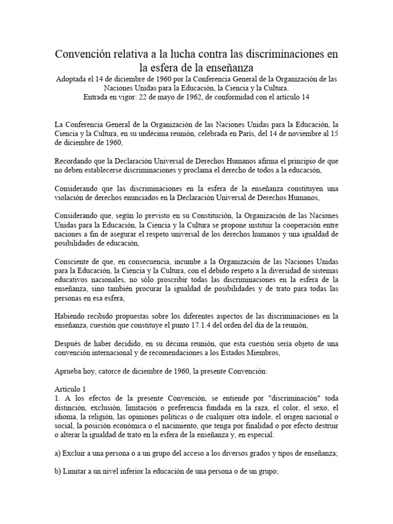Convención relativa a la lucha contra las discriminaciones | PDF ...