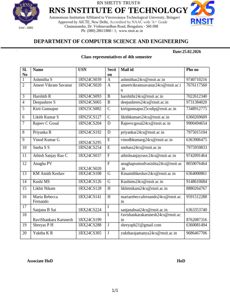 Class Representatives ALL SECTION of 3rd Semester | PDF