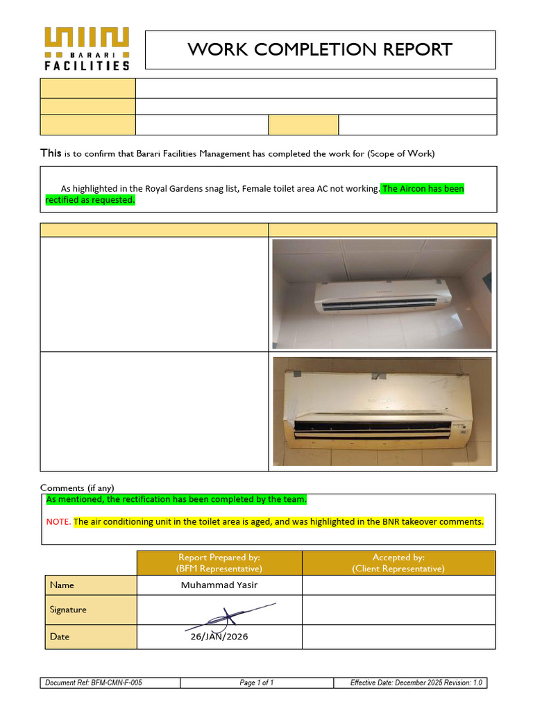 Delma Park MEP-AC Issue-Fauly Work Completion Report | PDF