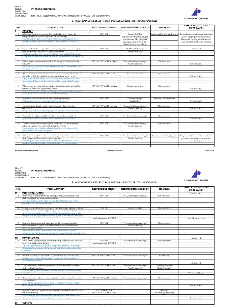 Methode Statement Tranformer | PDF | Transformer | Electricity