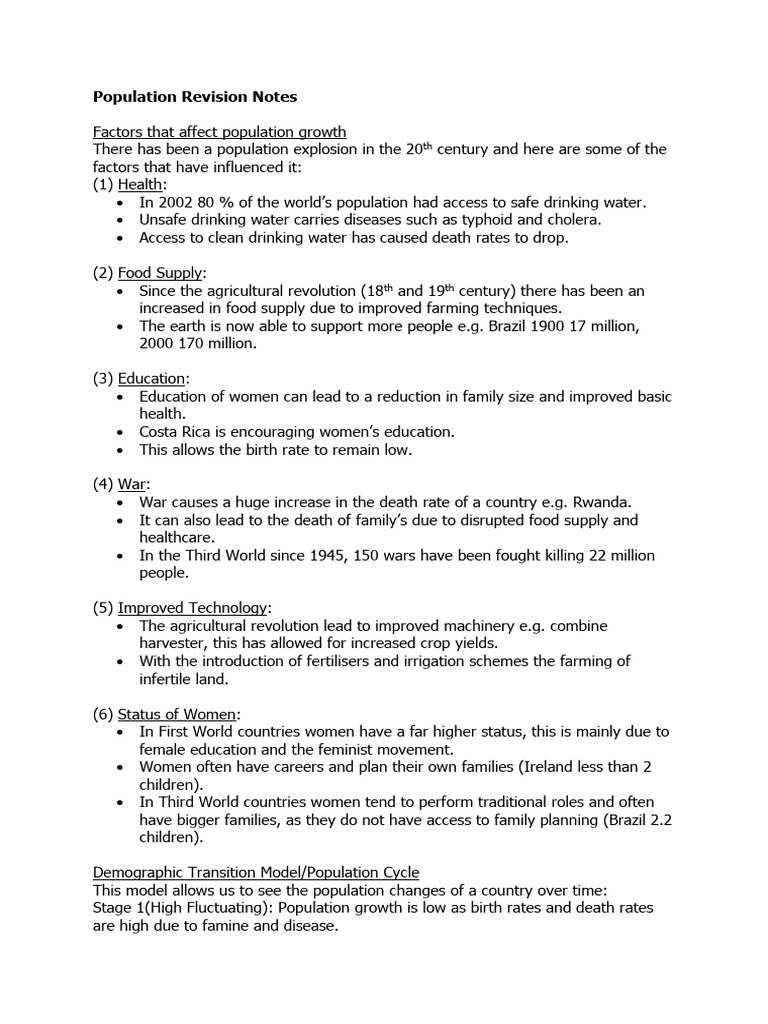 Population Revision Notes | PDF | Drinking Water | Agriculture