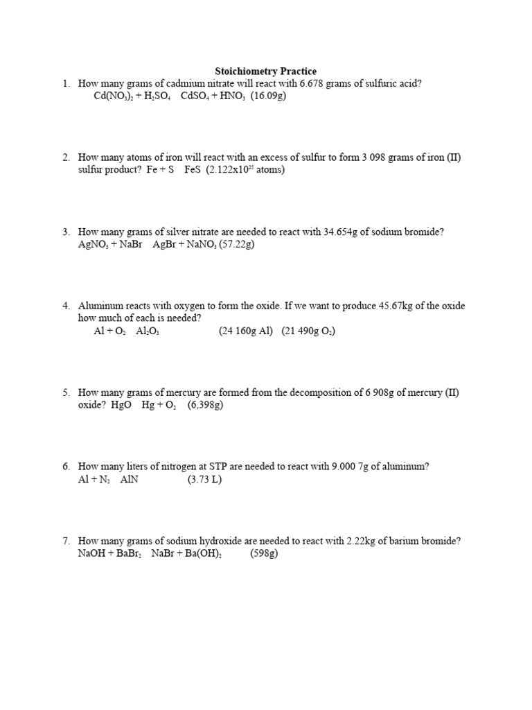 Stoichiometry Practice | PDF