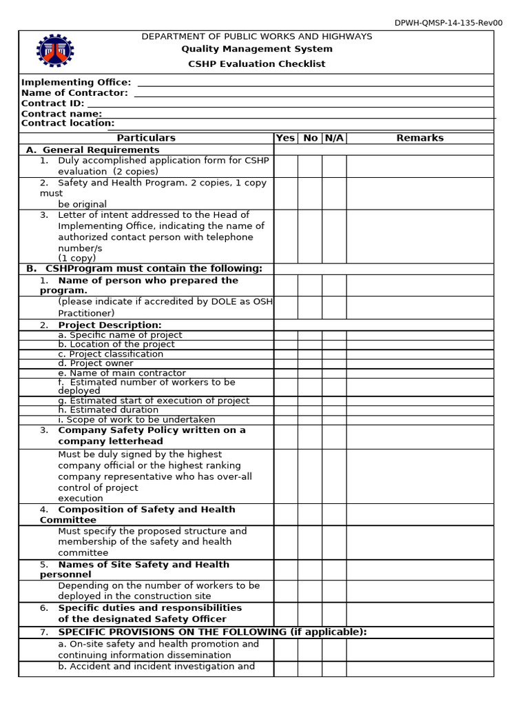 CSHP Evaluation Checklist - DPWH | PDF | Occupational Safety And Health ...