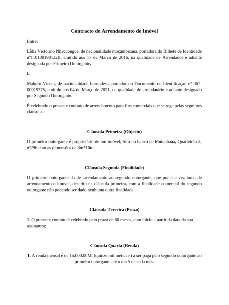 Contracto de Arrendamento de Imóvel Mutanhana | PDF | Leasing