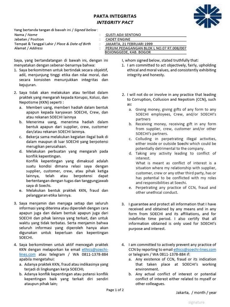Pakta Integritas Crew (Integrity Pact) Form Done | PDF