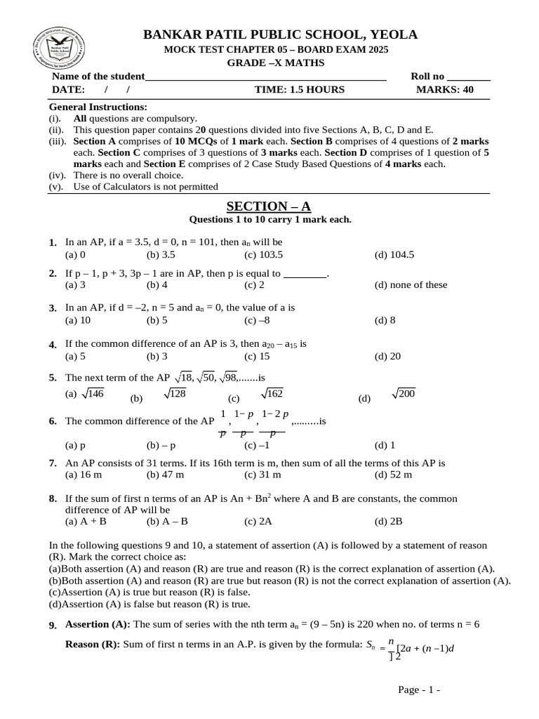 Maths Class X Chapter 05 Arithmetic Progression Practice Paper 05 | PDF ...