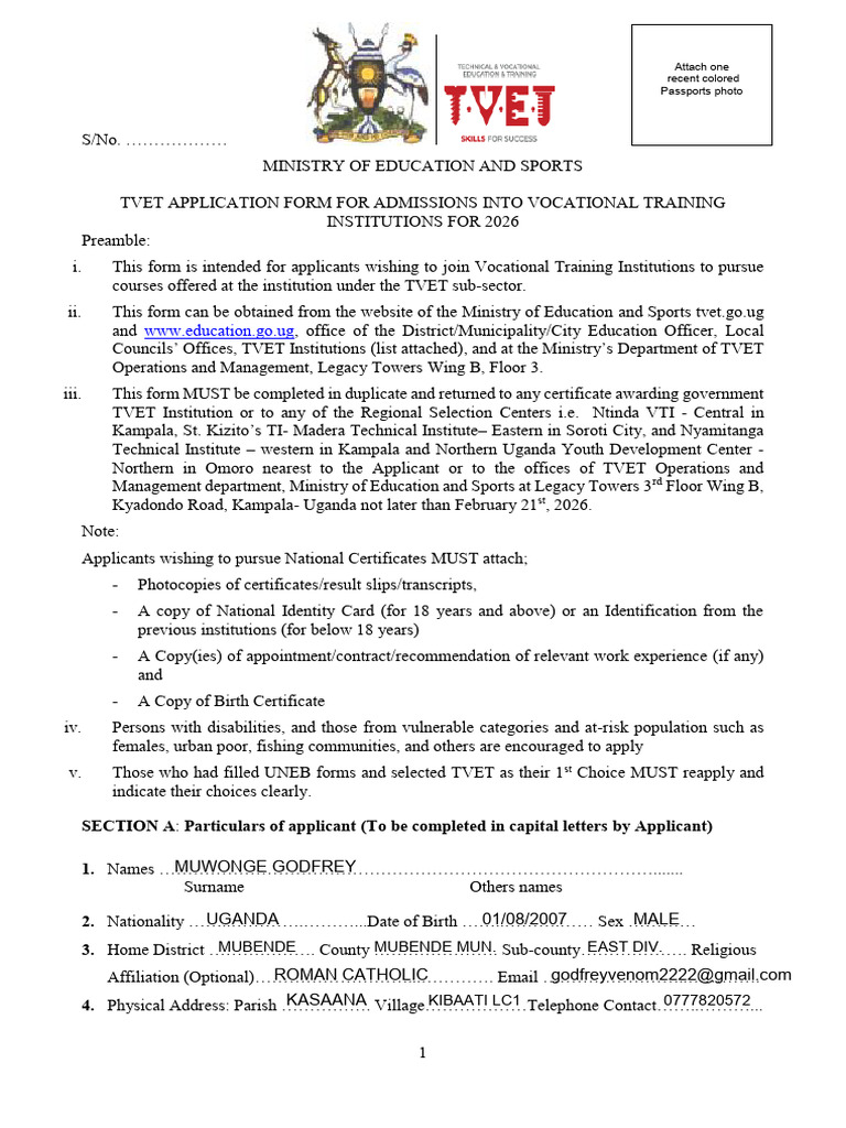 VTIs TVET Application Form 2026 | PDF | Vocational Education | Identity ...