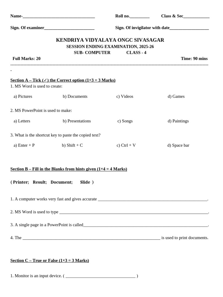 Class 4 Computer Question Paper 40 Marksfinal | PDF | Office Equipment ...