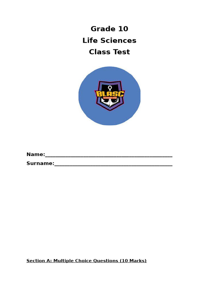 Grade 10 Life Science Class Test 1 | PDF | Iodine | Calcium