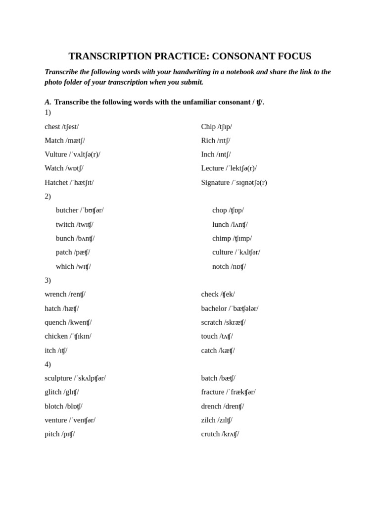 Transcription Practice - Consonant Focus | PDF