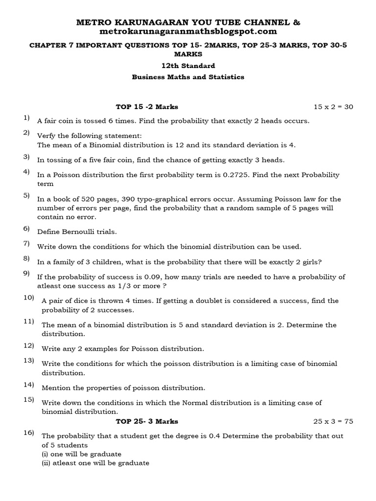 12 BM Chapter 7 Important | PDF | Probability Distribution | Standard ...