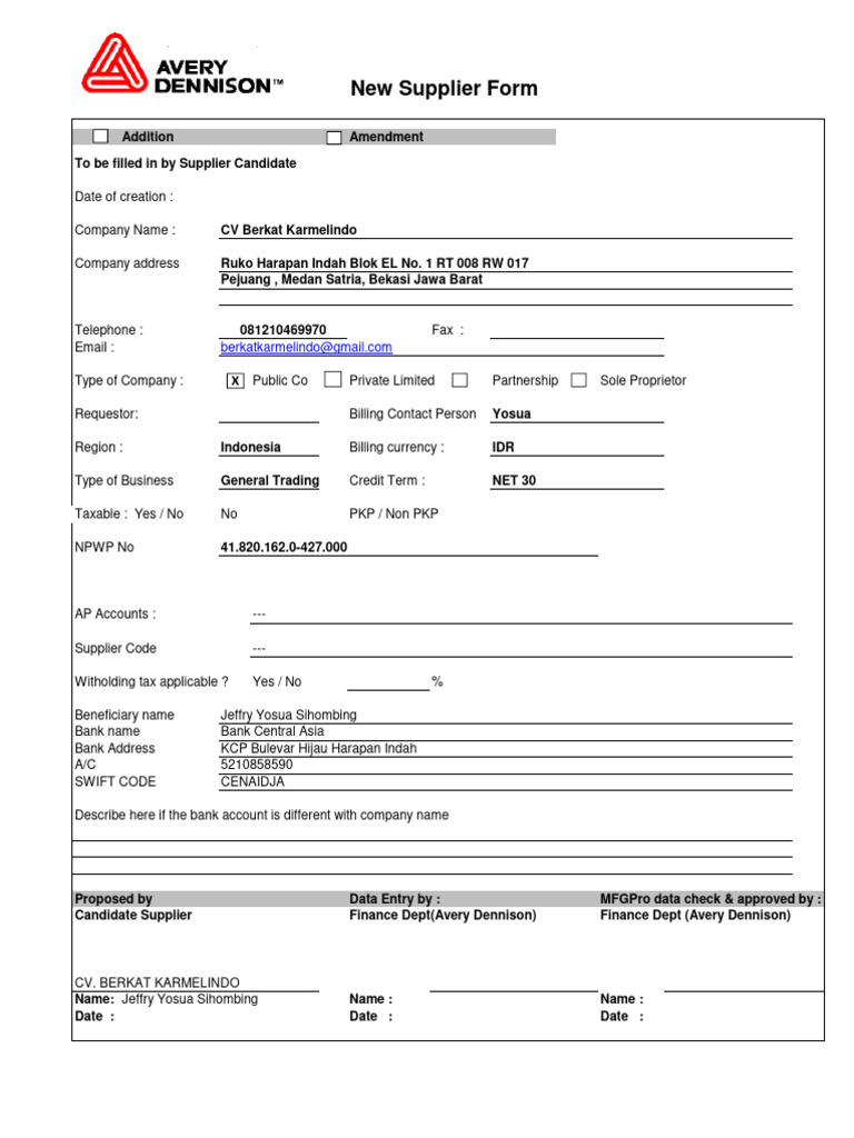 Supplier Form CV Berkat Karmelindo | PDF