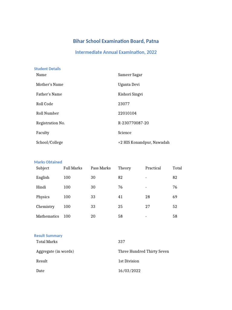 12th Marksheet Editable | PDF