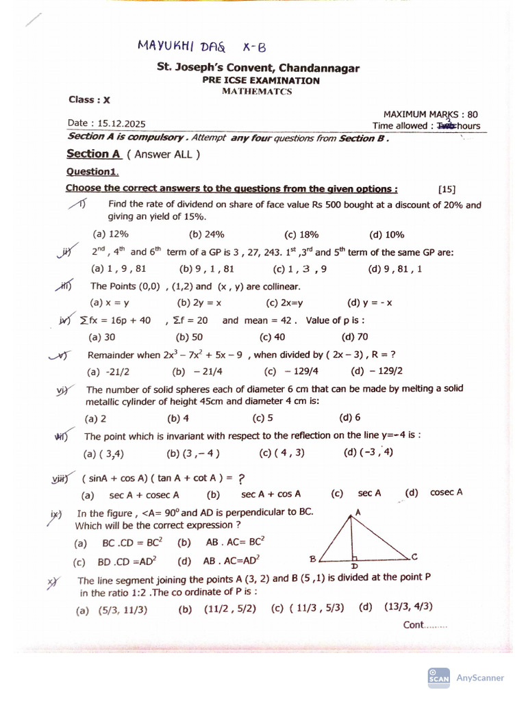 Maths Pre Icse Qs Paper | PDF