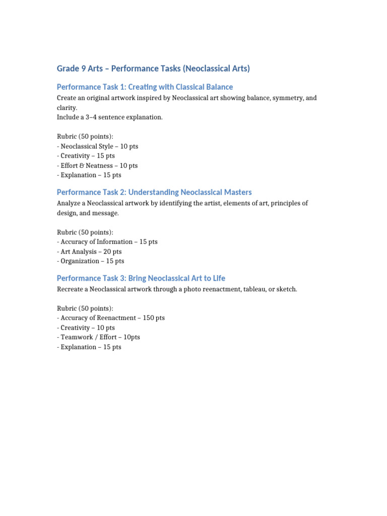 Grade 9 Arts Performance Tasks | PDF