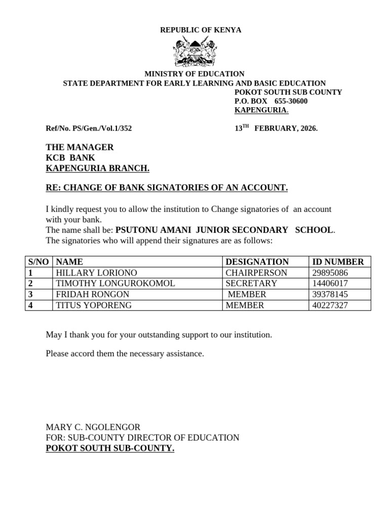 Change of Signatories-Psutonu Amanijss | PDF