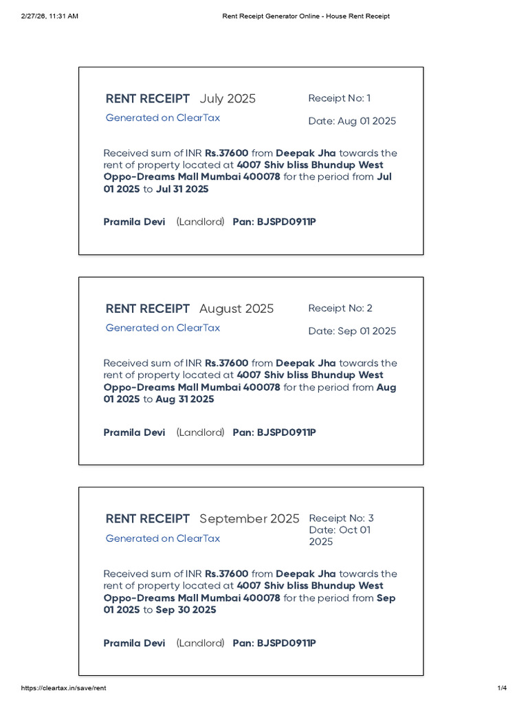Rent Receipt Deepak Jha | PDF
