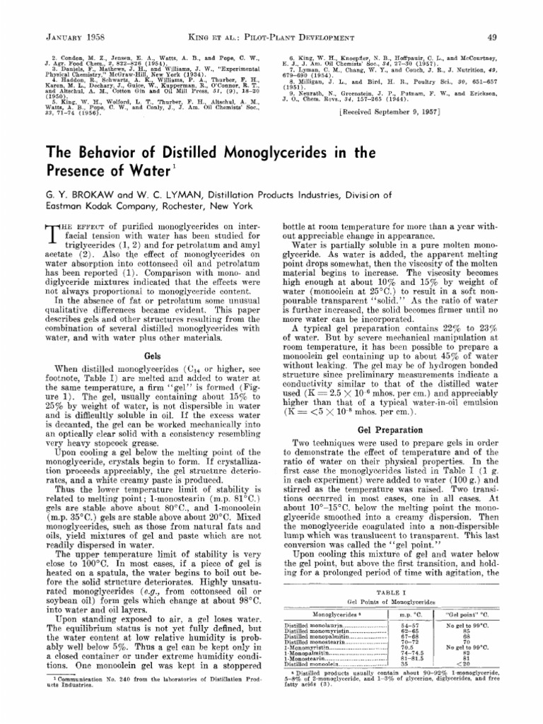 The Behaviour of Distilled Monodiglycerise in Presence of Water | PDF