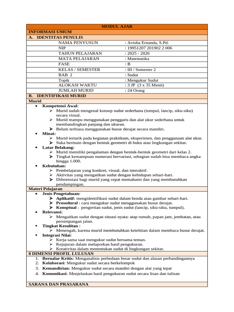 Modul Ajar Matematika Bab 4 (Sudut) | PDF