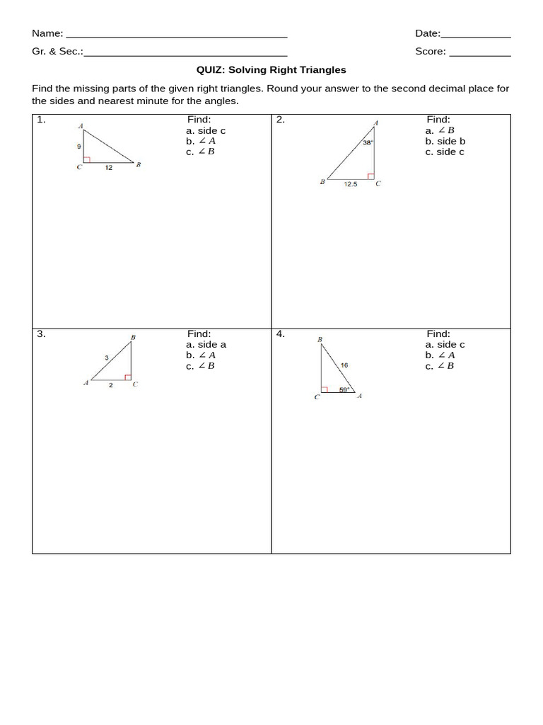 Solving Right Triangles Worksheet | PDF