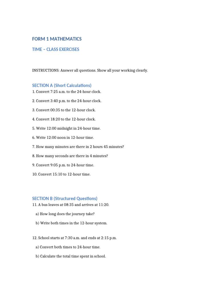 Form 1 Time Class Exercises | PDF