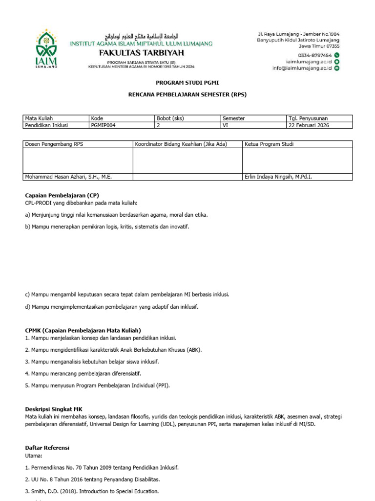 RPS Pendidikan Inklusi | PDF