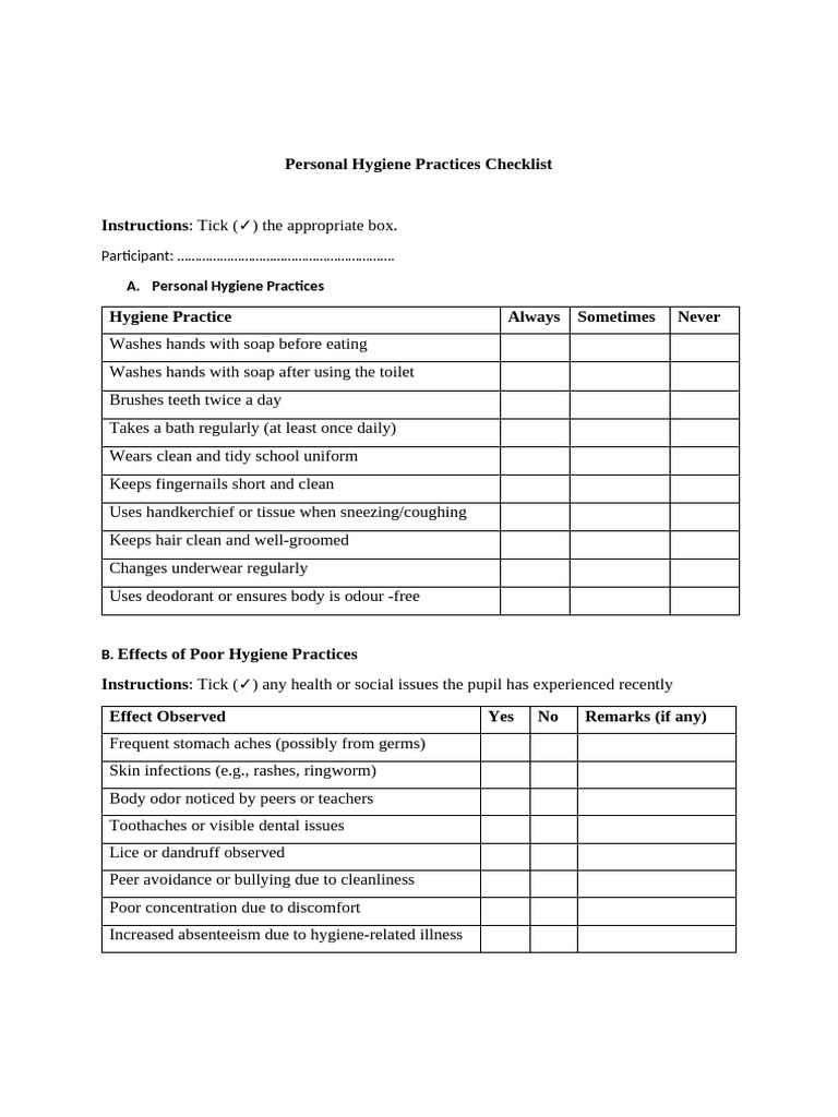 Personal Hygiene Practices Checklist | PDF | Hygiene | Hand Washing