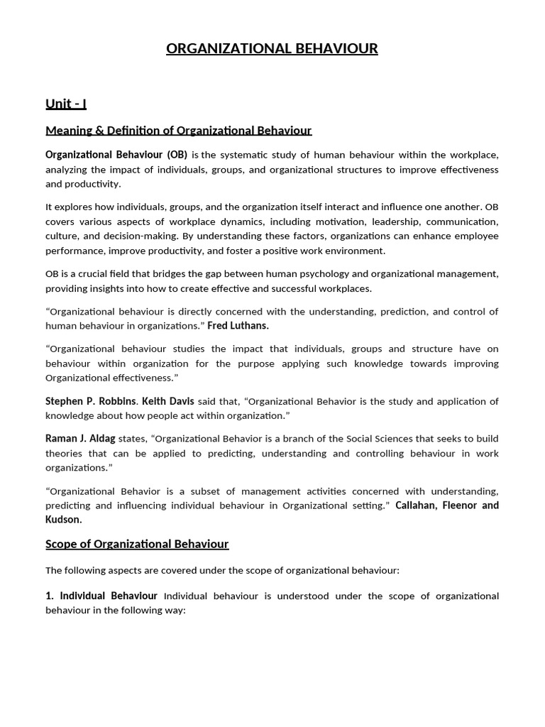 Unit - 1 Organizational Behaviour | PDF | Leadership | Organizational ...