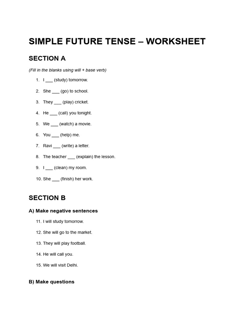 Simple Future Tense – Worksheet PDF | PDF
