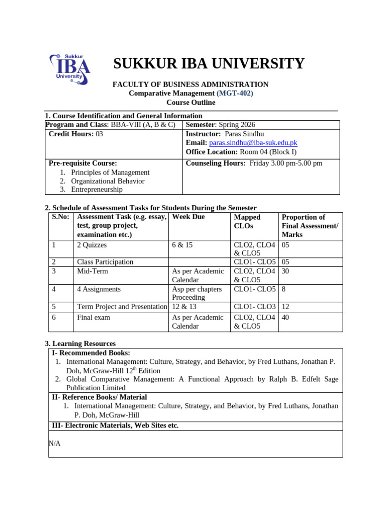 Course Outline MGT-402-Comparative Management - (BBA-VIII (All Sections ...