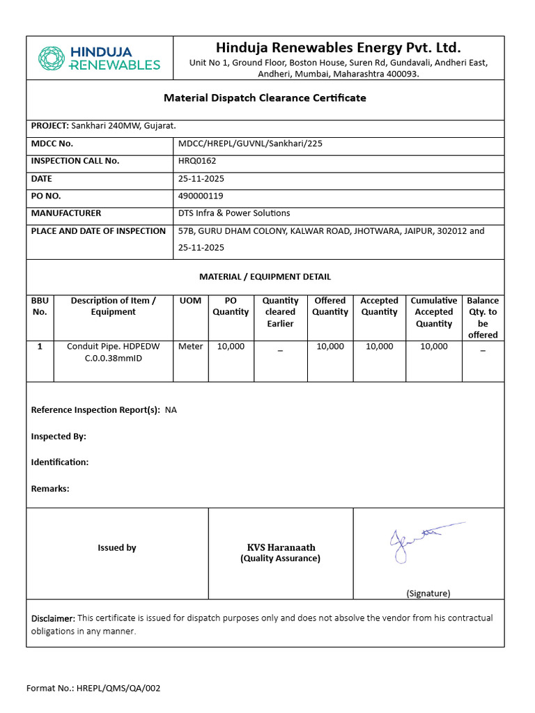 Hrq0162 MDCC Conduit Pipe - Dts | PDF