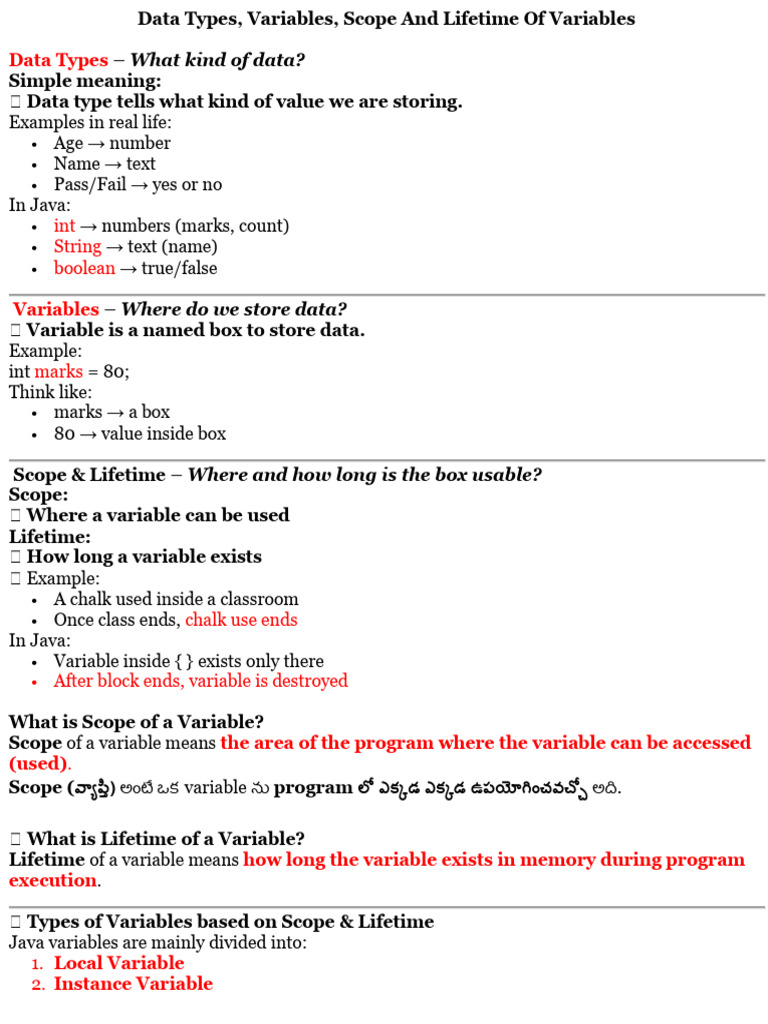 Data Types, Variables, Scope and Lifetime of Variables | PDF | Method ...