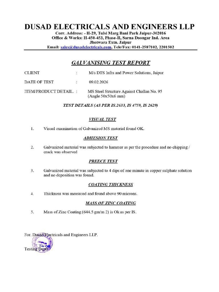 Angle Galvanizing Test Certificate | PDF