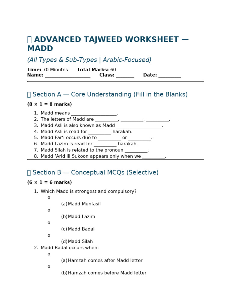 Advanced Tajweed Worksheet - Madd (Arabic Focused, 60 Marks) | PDF ...