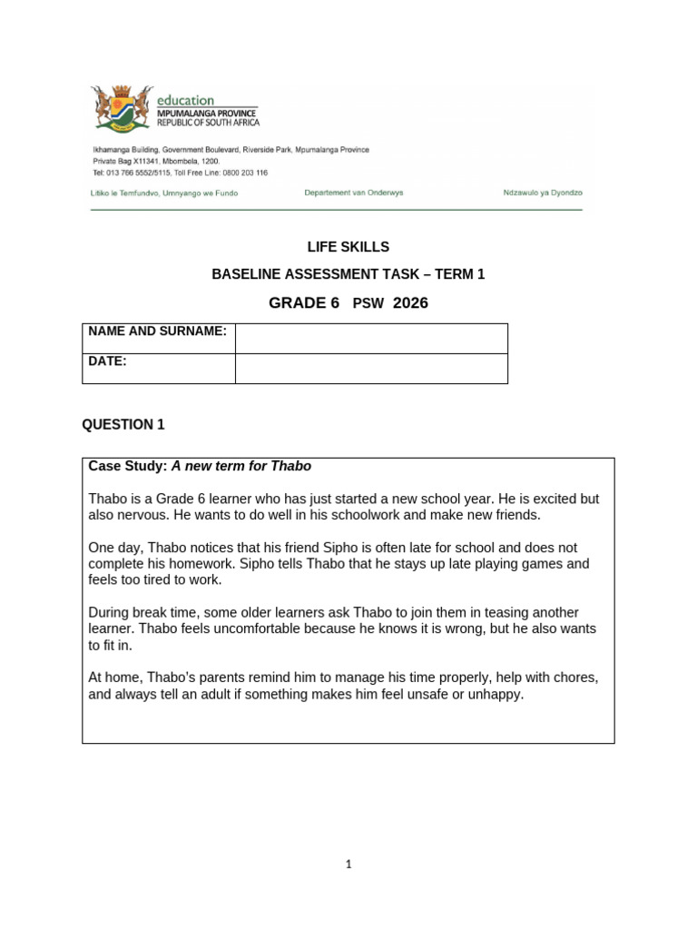 GRADE 6 Baseline Assessment Task 2026 T1 - 103413 | PDF | Psychology ...