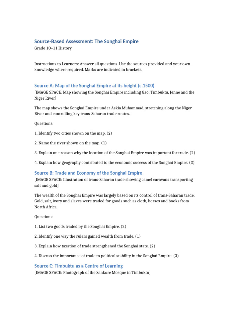 Songhai Empire Source Based Assessment | PDF