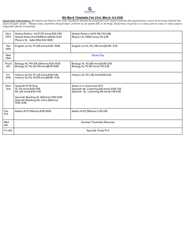 IB2 Mock Student Copy Timetable February 2026 | PDF