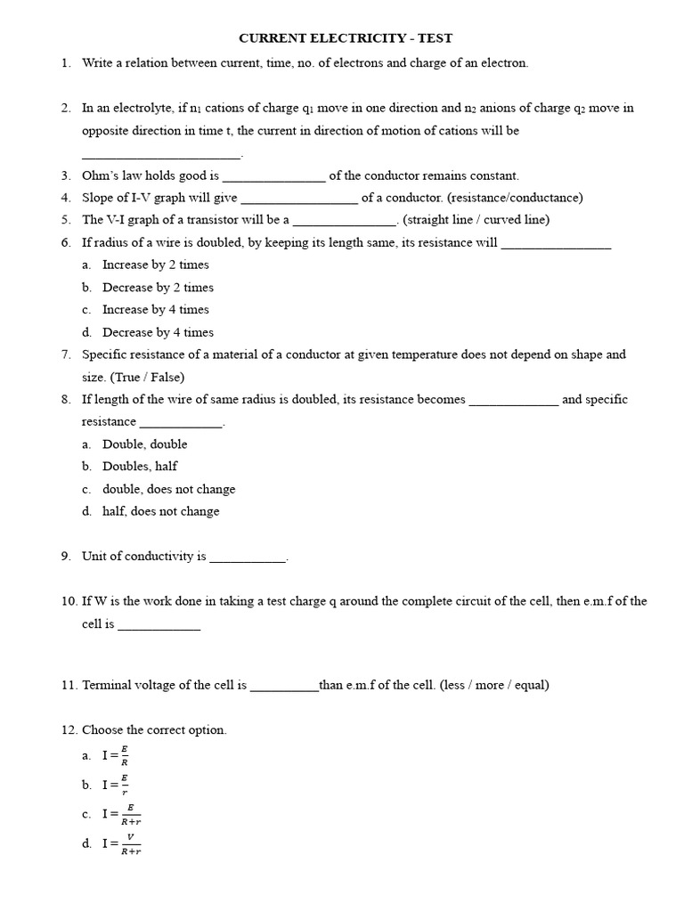 Current Electricity Test | PDF | Electrical Resistance And Conductance ...