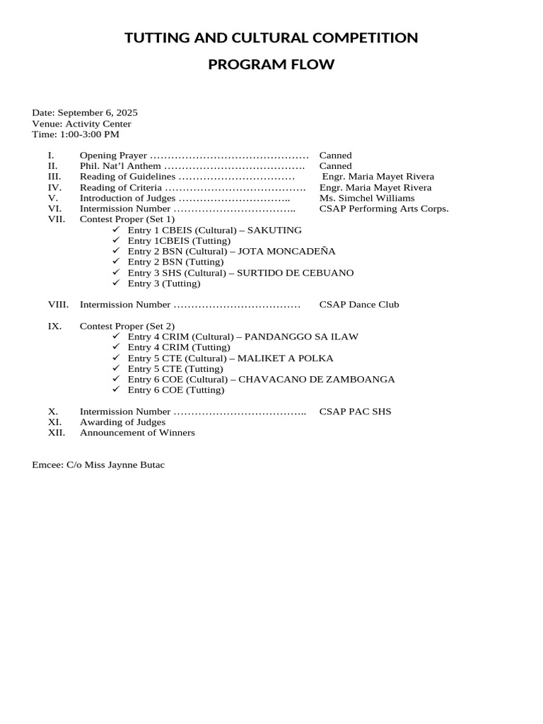 Tutting and Cultural Competition Program Flow | PDF
