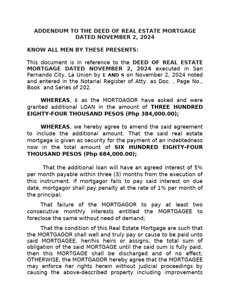 Addendum To The Deed of Real Estate Mortgage | PDF | Mortgage Law ...