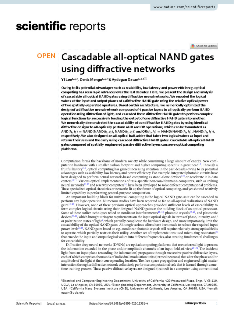 Cascadable All-Optical NAND Gates Using Diffractive Networks | PDF ...