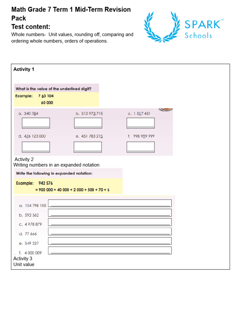 Math Revision Pack Grade 7 T1 EOT | PDF