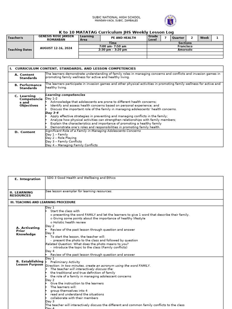 DLL Matatag Week 1 Pe&h Q2 | PDF | Learning | Human Communication