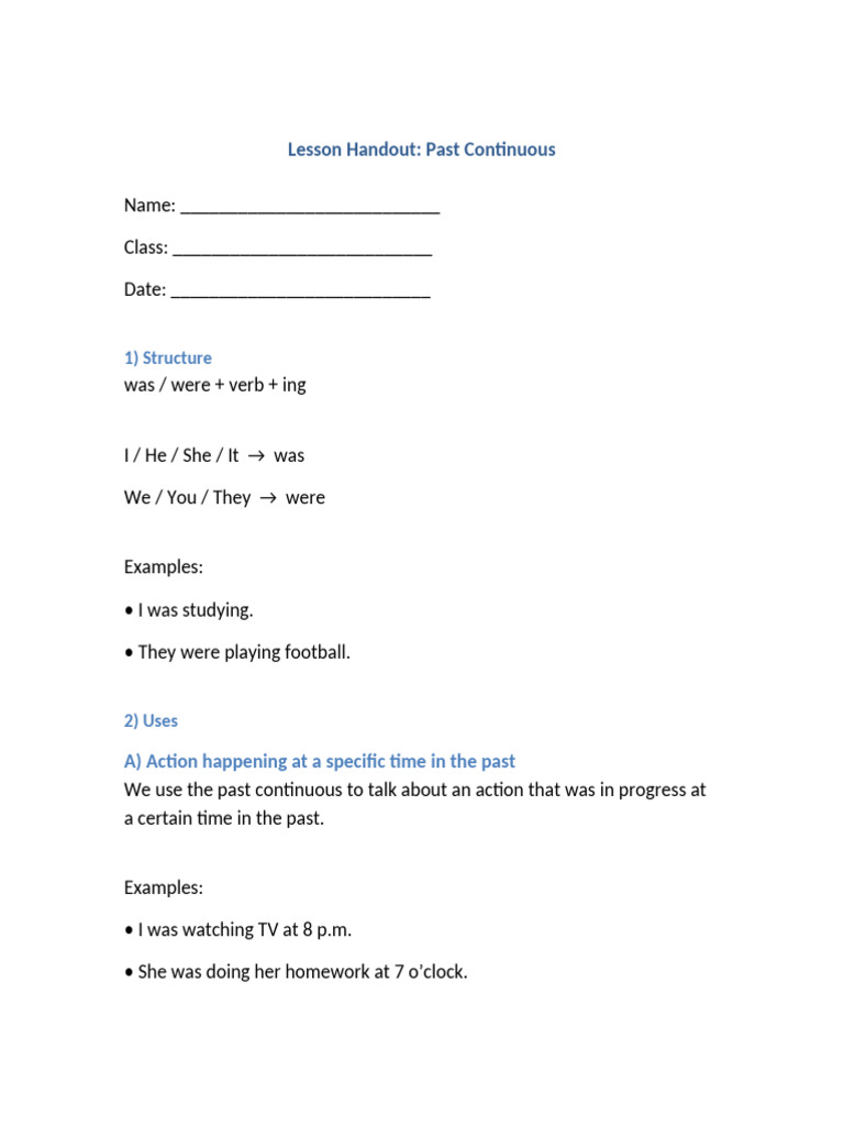 Past Continuous Lesson Handout Formatted | PDF