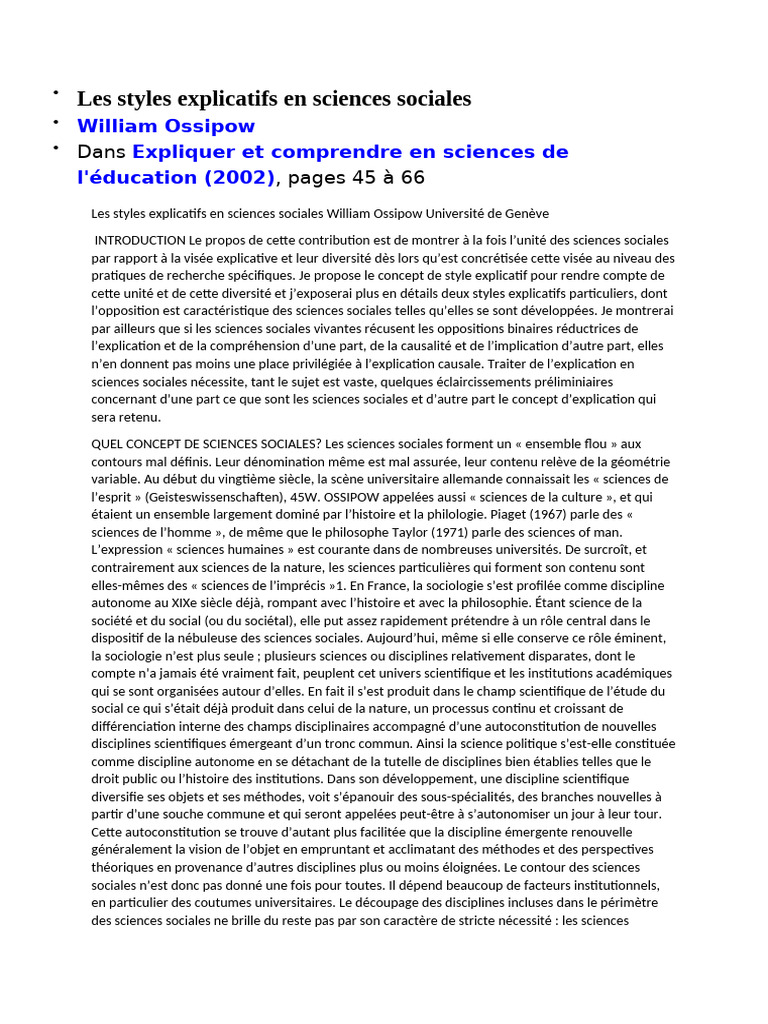 Les Styles Explicatifs en Sciences Sociales | PDF | Émile Durkheim ...